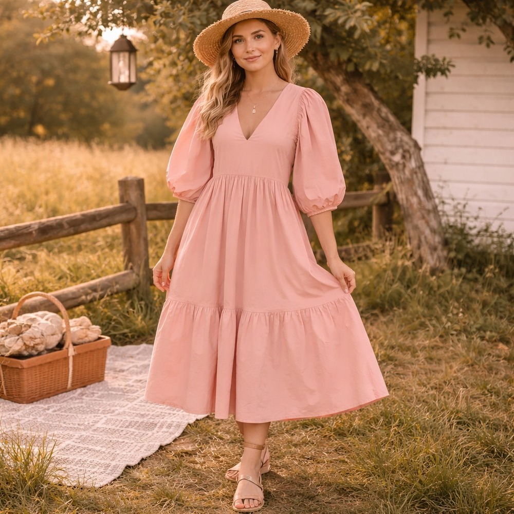 Anna Cate Midi Dress Womens L Peach Pink‎ Puff Sleeve Tiered Cottage Prairie NEW